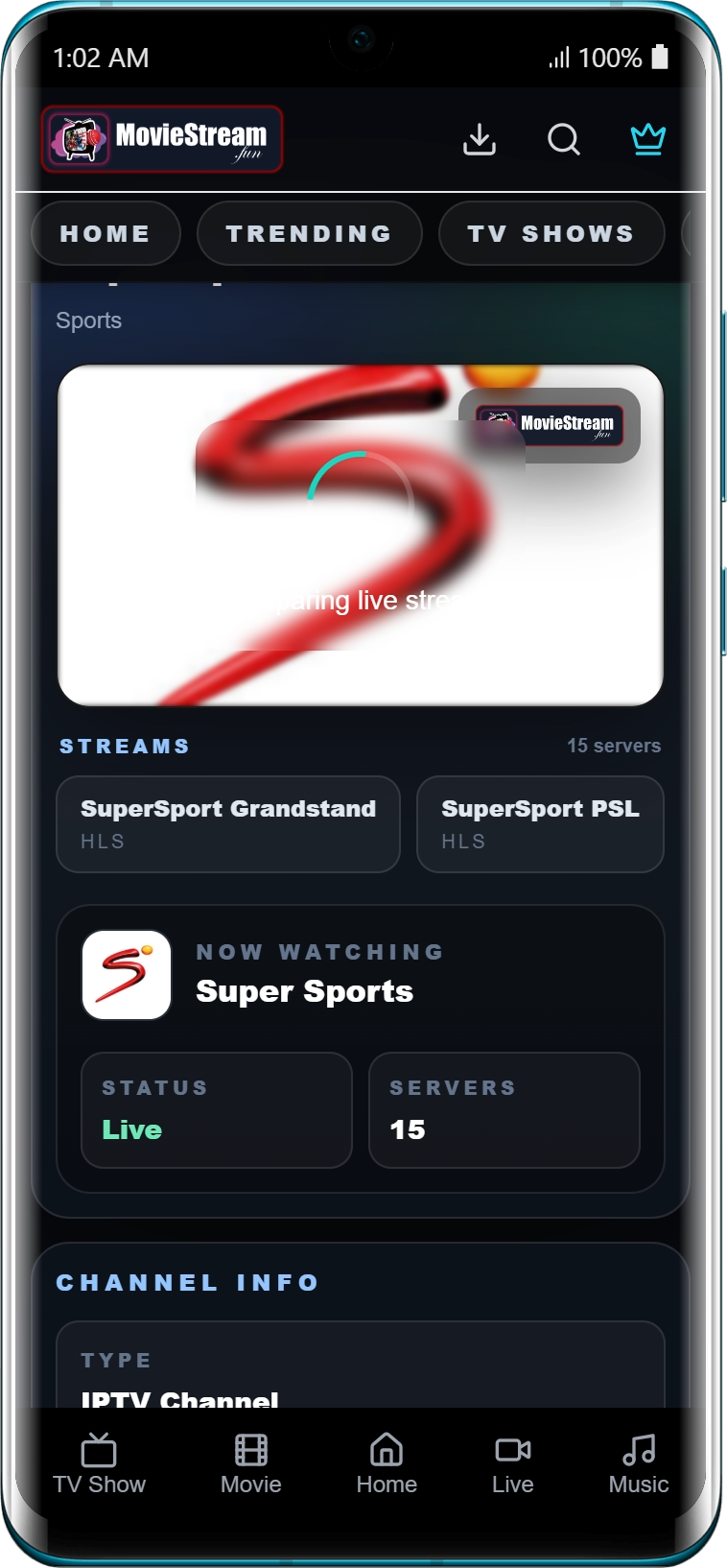 MovieStream app — live streaming